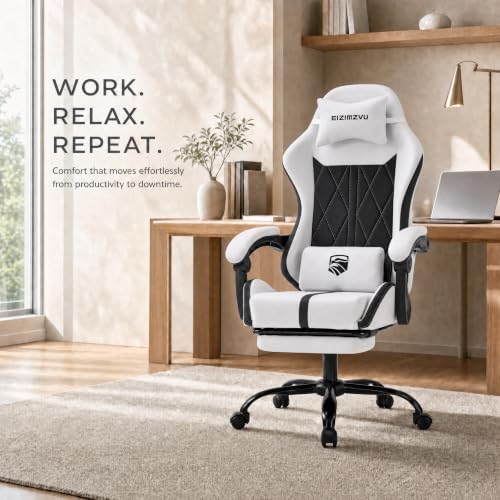 Mid Back Gaming Chair with Footrest, 90°-135° Reclining Computer Chair with Headrest and Lumbar Pillow, Linked Armrests, Height Adjustable 360° Swivel Rolling Office Chair