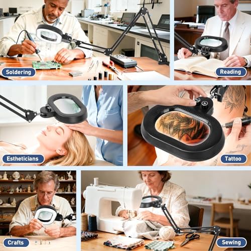 KIRKAS Magnifying Glass with Light 3-axis Rotation, 35in Long Arm 12X