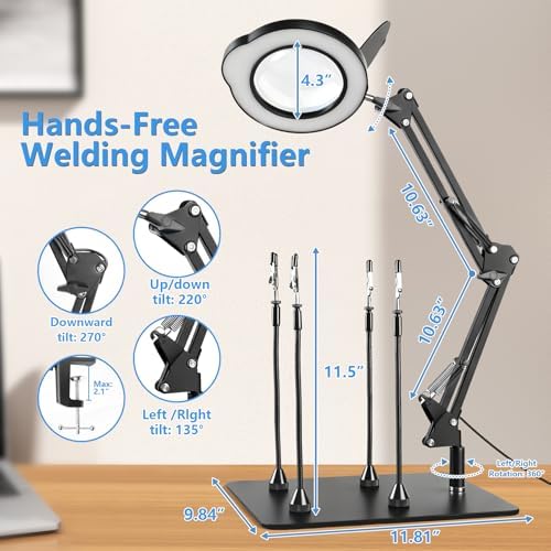 10X Magnifying Glass with Light and Stand, Black 4.3" Helping Hands Soldering Station with 4 Flexible Helping Arms, 5 Color Mode, 10 Dimmable Levels for Electronics Repair, Jewelry, Hobby