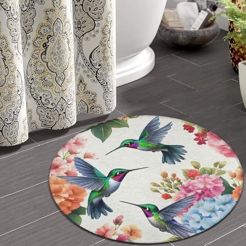 Large Home Decor Mat, Soft Round Yoga Carpet, Non Slip Machine Washable Home Office Circle Rug Bird Colorful Flowers Hummingbirds Floral