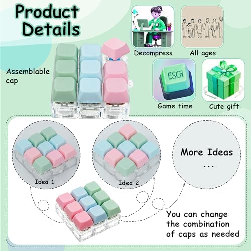 Keyboard Fidget Toy, Keyboard Fidget Keychain 9-in-1 Keyboard Decompression Button Finger Clicker Toys Stress Relief Fidget Gifts (3 Colors- Pink Blue Green)