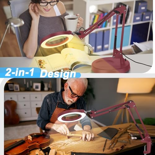 Coyeth 12X Magnifying Glass with Light and Stand, 5 Color Modes Stepless Dimmable 2-in-1 Lighted Magnifier with Clamp, LED Desk Lamp Hands Free for Crafts Hobby Reading Painting Sewing Close Work Red