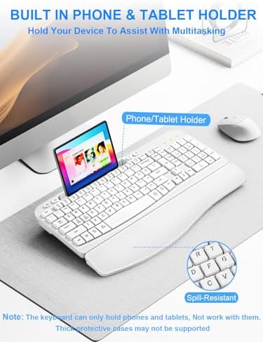 Hayyiesh Ergonomic Wave Keys Wireless Keyboard and Mouse Combo, Full Size with Memory Foam Wrist Rest & Phone Holder, 2.4G Cordless Set with USB-C Adapter for Windows Mac Desktop Laptop (White)
