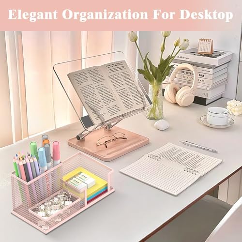 SUPEASY Mesh Pen Holder Desk Organizer, Office Supplies Pencil Storage with 3 Compartments, Office Desk Accessories and Workspace Organizers for Home School Classroom, Pink
