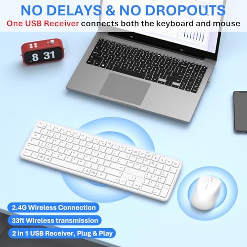 Wireless Keyboard and Mouse Combo, Full-Size Silent Ergonomic Keyboard and Mouse, Sleep Mode, Long Battery Life, 2.4G Lag-Free Cordless Mice Keyboard Set for Computer, Laptop, PC, Mac, Windows (White)