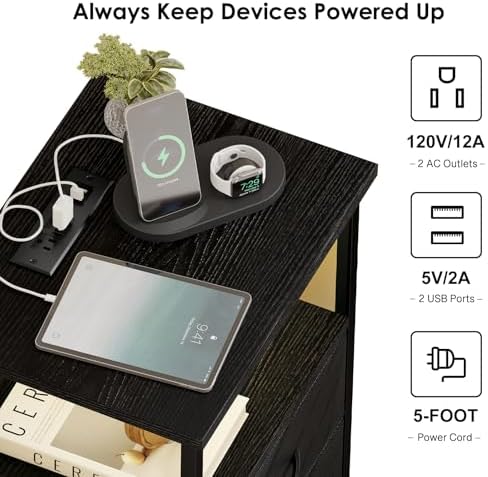 Fixwal Night Stand with Charging Station, Black Led Nightstand, 4 Drawers