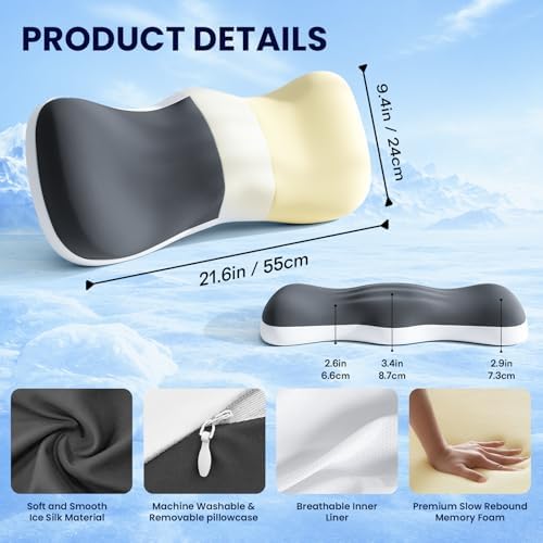 Lumbar Support Pillow for Bed, Memory Foam Pillow for Back Pain Relief, Lower Back Pain Relief Pillow for Sleeping, Adjustable Lumbar Pillow for Sleeping, Bed, Car, Couch (Grey White-Cooling)