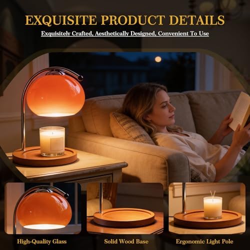 Topyond Aroma Wax Melting Lamp, Retro Wood Glass Candle Warmer，Orange Red