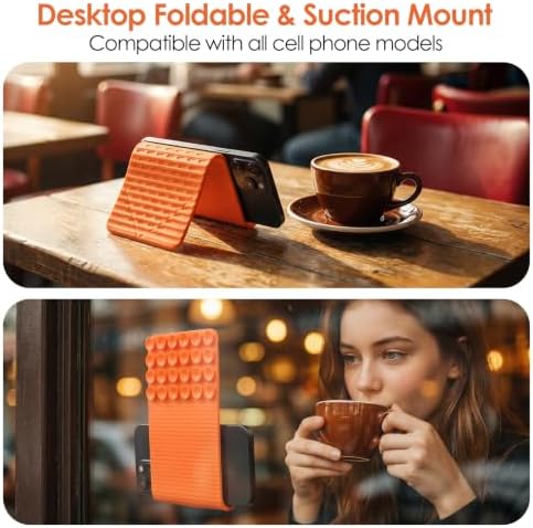 Flexible Silicone Aluminum Phone Holder Tablet Stand with Charging Port Design, Foldable Airplane Laptop/Phone Stand for Home Office Travel (Orange - with Suction)