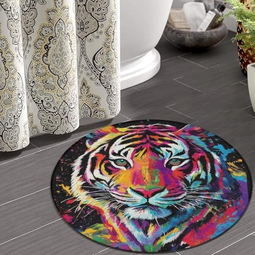 Home Decor Non Slip Kitchen Office Circle Rug, Machine Washable Modern Round Area Rug, Room Sofa Yoga Soft Round Carpet Colorful Splash Ink King of Tiger Art, 36inch