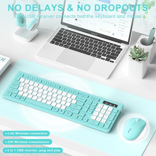 Wireless Keyboard and Mouse Combo Silent for Office and Home(Tifany Blue-B)