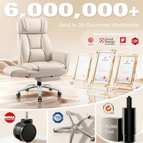 Big and Tall Office Chair, Flip Armrests for Pets & Cross Legged Sitting, Ergonomic Leather Executive Desk Chair with Foot Rest, High-Back Reclining Computer Chairs for Home Office Gaming, Beige