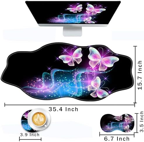Mouse Pad with Wrist Support + Desk Mat + Coaster 3 in 1 Set, XXL Large Gaming Mousepad Ergonomic Mouse Pads for Desk Computer Laptop Office,Glowing Night Pink Butterflies