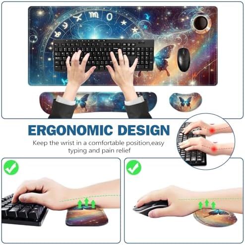 ToLuLu Large Mouse Pad Desk Pad Set, Wrist Rest Support Desk Mat for Keyboard and Mouse, 4PCS 35.4”x15.7 XXL Giant Mouse Pad, Non-Slip Base Stitched Edges Mousepad Home Office, Glittering Butterfly