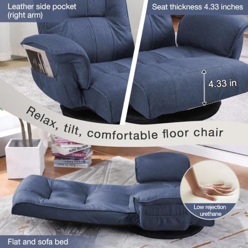 Ergonomic Swivel Floor Gaming Chair with Armrests & Side Pockets, 6-Position Reclining Sofa Bed, Foldable Padded Lounger with Thick Cushion & Lumbar Support for Esports, Reading, TV Watching, Blue