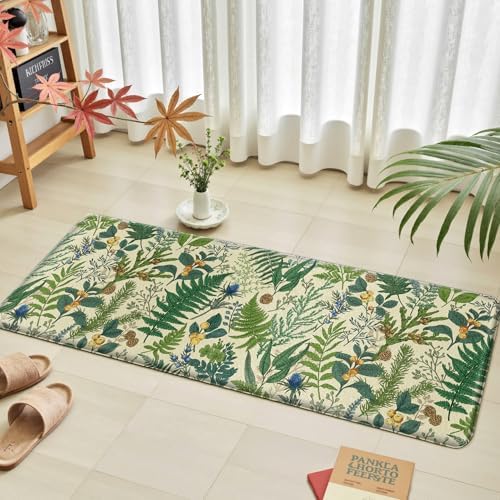 2PC Botanical Kitchen Rugs Set, Beige Green, 17.3"x28" + 17.3"x47"