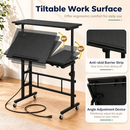 Tangkula Height Adjustable Mobile Standing Desk with Built-in Power Outlets