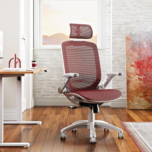 GABRYLLY Ergonomic Office Chair, High Back Home Desk Chair with 2D Flip-Up Arms, 3D Headrest, 90-120° Tilt and Wide Cushion, Big and Tall Mesh Chairs for Man Woman, Computer Task Chair Red