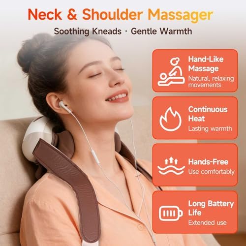 Neck and Shoulder Massager with Heat, Palm-Style Kneading, 3 Speeds, Ergonomic Hands-Free Design, Portable Massage Device for Home, Office, Travel