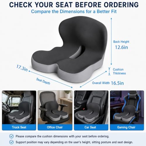 Orthopedic Seat Cushion – L-Shaped Lumbar Support Memory Foam Comfort for Long Sitting, Ergonomic Support for Office Chair, Wheelchair, Car & Travel (Black,1)