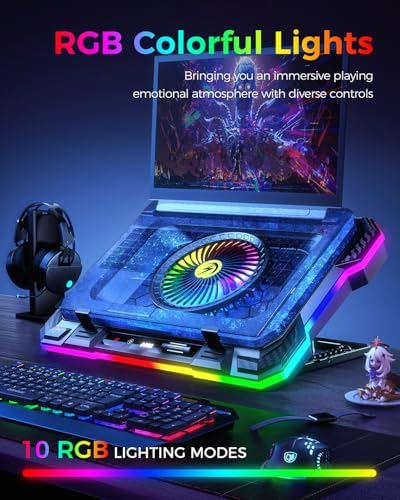 KeiBn Gaming Laptop Cooling Pad, Laptop Fan Cooling Pad with 5.5inch RGB External Fan, Rapid Cooling Laptop 15.6-19.3inch, 8 Height Stands, 2 USB Ports, Phone Holder-K1 5V RGB