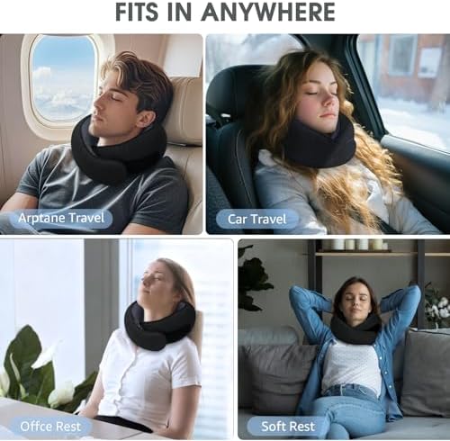 Neck Travel Pillows for Airplanes Memory Foam Neck Comfort Pillow Compact Ergonomic Design Sleeping Essentials for Long Flights Car Rides and Home Use (Black)