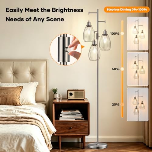 Nintiue Dimmable Floor Lamp, 3 x 800LM LED Edison Bulbs Included, Industrial Floor Lamp Standing Tree Lamp with Elegant Teardrop Cage Heads Tall Lamps for Living Room Bedroom-Brushed Nickel
