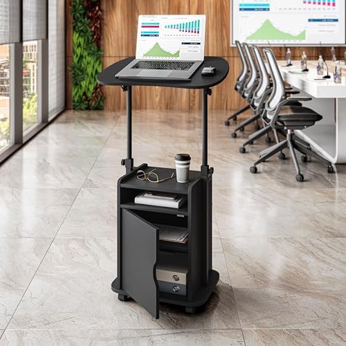 Techni Mobili Adjustable Laptop Cart w/Storage, Rolling Mobile Desk, Black