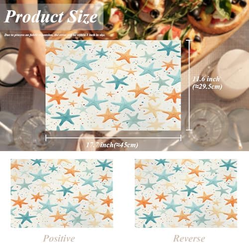 Shrahala Starfish Pattern Set of 4 12 X 18 Inch Linen Placemats, Sea Themed Illustration Burlap Table Mat Washable Double Layered Heat Insulation for Indoor/Outdoor