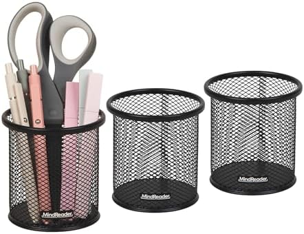 Mind Reader Pen and Accessories Holder, Desktop Organizer, Office, Metal Mesh, 3.5"L x 3.5"W x 3.75"H, Set of 3, Black