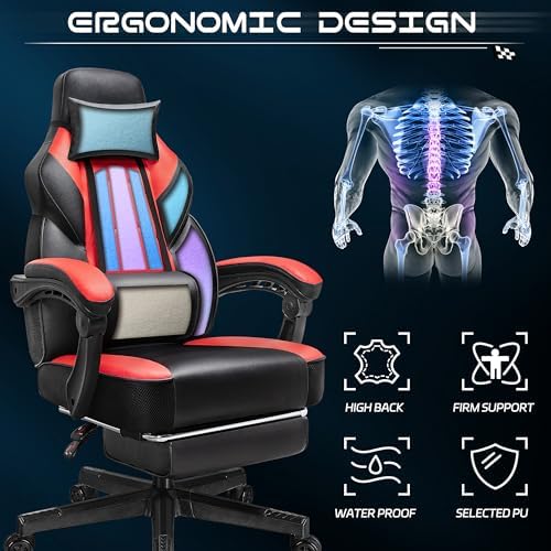 Gaming Chair for Adults, Video Game Chair with Footrest, Big and Tall Gaming Chair Heavy Duty Computer Chair with Massage Lumbar, Ergonomic Adjustable Height and 360° Swivel Seat, PU Leather, Red