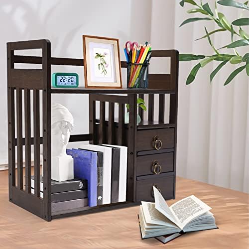 Bamboo Desk Book Shelf,Desktop Bookshelf Storage Rack Tabletop Standing Organizer Bookshelf with 3 Drawers,Freestanding Desk Bookcase for Home Dormitory Offices (Nut-Brown)