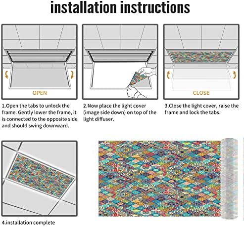 Fluorescent Light Cover Decorative Ceiling Light Filters,Moroccan Pattern,for Classroom Office Hospitals Home Ceiling Decorative,2ft x 4ft,Multicolor