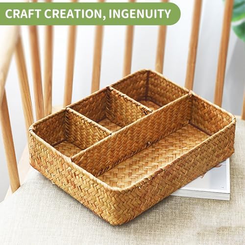 Nonam 4-Section Seagrass Tea Bag Organizer,Wicker Divided Basket,Natural