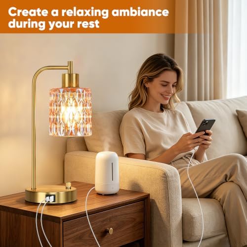 Table Lamps Set of 2, Champagne Glass Dimmable Bedside Lamps for Bedroom