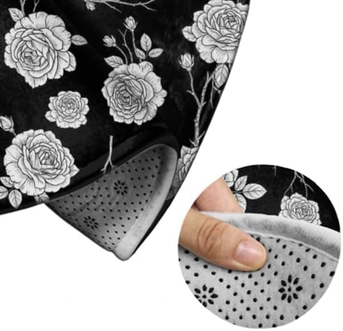 Men's Large Home Decor Mat, Soft Round Yoga Carpet, Non Slip Machine Washable Home Office Circle Rug Black Roses Pattern, 24inch