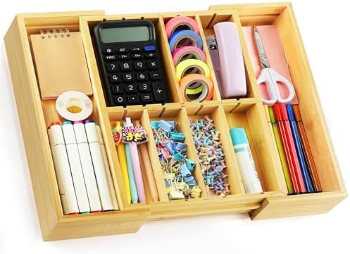 TREWAVE Bamboo Desk Drawer Organizer, Expandable Drawer Organizer Tray
