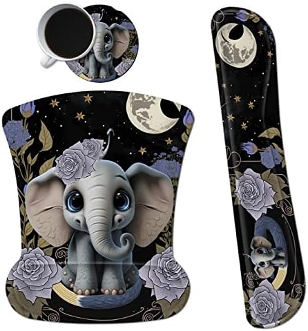 3Pcs Ergonomic Memory Foam Keyboard Wrist Rest Pad Set, Flower Elephant