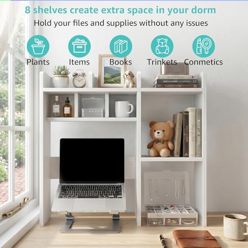 NUTIKAS Desk Hutch White Desktop Bookshelf Shelf - 30 Inch Computer Desk Organizer for Dorm Room, Wood Storage Rack for Home Office Desktop Display Shelves, Small Bookcase for Top of Desk