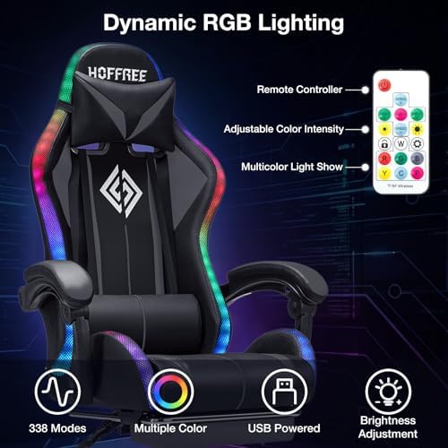 RGB Gaming Chair with LED Lights Massage Ergonomic Computer Chairs-Grey