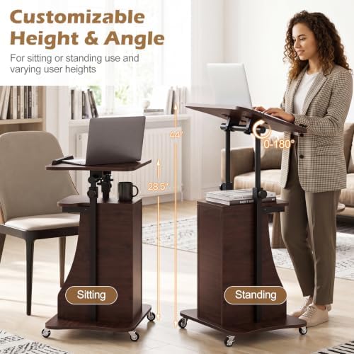 Tangkula Mobile Lectern Podium, Height Adjustable Podium Stand, Sit-to-Stand Desk with Tilting Tabletop & Storage Shelves, Rolling Laptop Cart Desk with Lockable Casters for Home Office School (Brown)