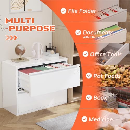 INTERGREAT Lateral File Cabinet 2 Drawer, White Metal File Cabinets for Home Office, Locking File Cabinet for Letter/Legal/F4/A4 Size Hanging Files, Easy Assembly, Name Tag