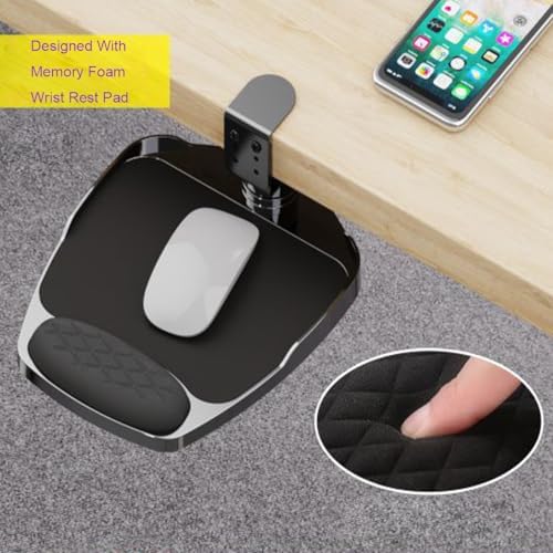 Clamp-on Mouse Tray Under Desk Adjustable Clamp Rotating Wrist Mouse Extended Holder for Desks Computer Platform Tray Padding Arm Rest Pad Black