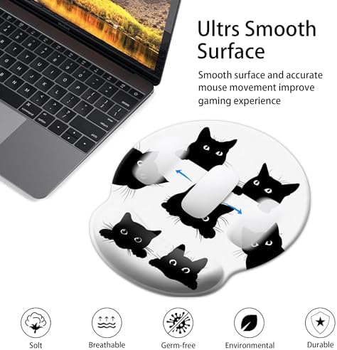 Funny Cat Mouse Pad Wrist Support,Ergonomic Mouse Pad with Wrist Rest,Comfortable Mousepad with Smooth Wrist Rest,Pain Relief Mouse Pads for Non-Slip Base,Computer,Laptop,Office & Home(Six Black Cats)