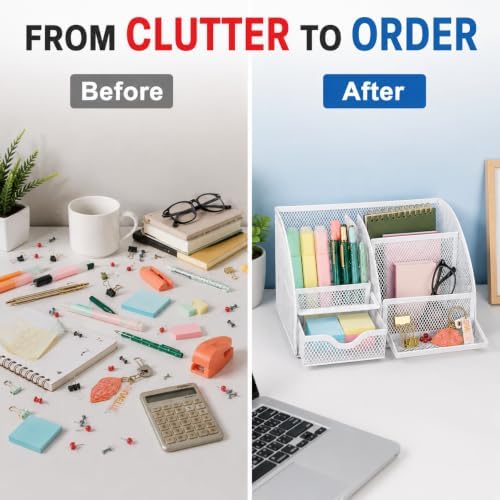 Exerz Desk Organizer 7 Compartments Metal Mesh Pen Holder Caddy White
