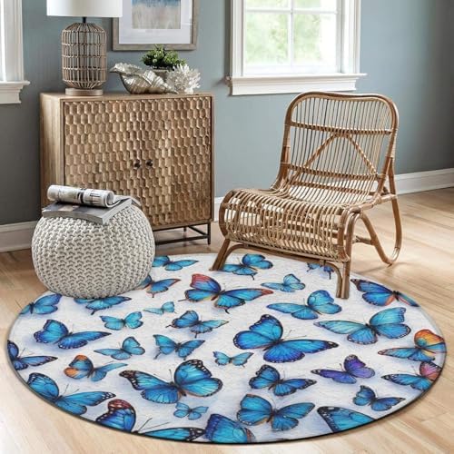 Soft Round Yoga Carpet, Large Home Decor Mat, Non Slip Machine Washable Kitchen Office Circle Rug Blue Butterfly Art