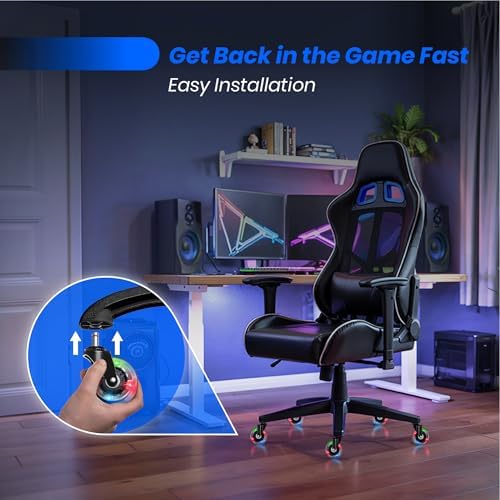 Gaming Office Chair Wheels Replacement — 3″ Heavy Duty Caster Wheels for Desk Chairs, Smooth Rolling Chair Casters, Safe for Hard Floors and Low Carpets, Universal Fit (Set of 5, RGB)