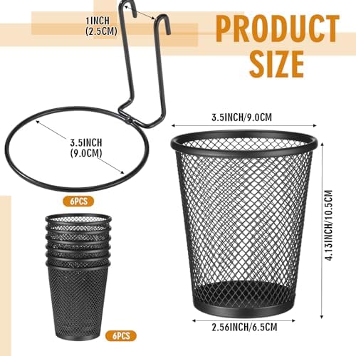 6 Sets Grid Wall Cups with Ring Hooks, hanging pencil holder Wall Mount Wire Grid Panel Pen Holder Organizer gridwall Accessories for Office Home Garage