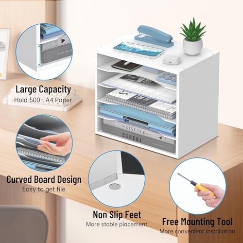 5-Tier Wood Desk Organizer, Paper Tray Organizer for Desk with Adjustable Storage Shelves, Desktop Mail Organizer and Paper Sorter Mail Holder for Office Home Classroom, White (Pack of 2)