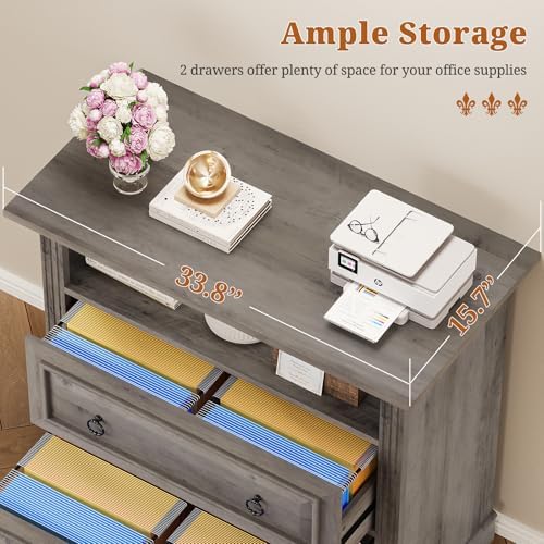 Itaar 2 Drawer File Cabinet, Farmhouse Filing Cabinet for Home Office Fits Letter, Legal, A4 Size, Wood Lateral File Cabinet with Printer Stand, Storage Shelf, Grey
